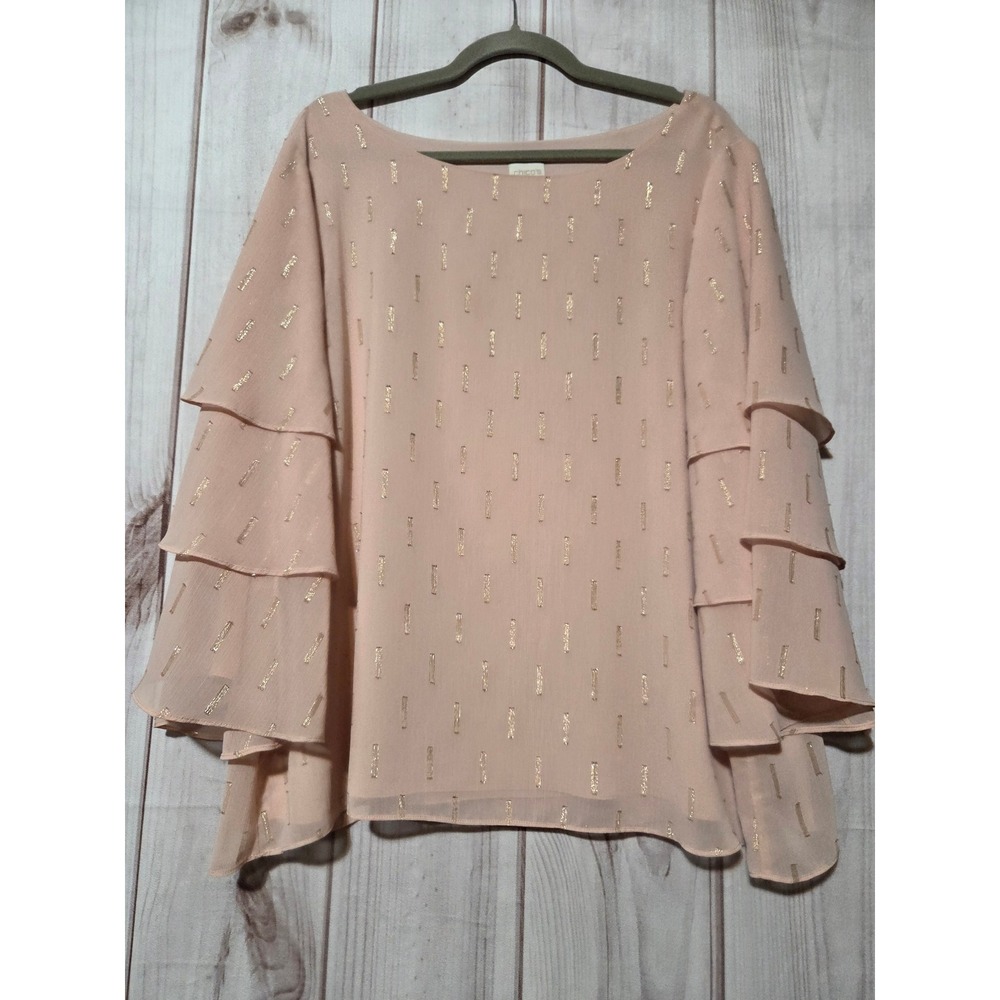 Chico's 3 Pink‎ Metallic Gold Stripe Tiered Ruffle Sleeve Chiffon Shirt Size XL
